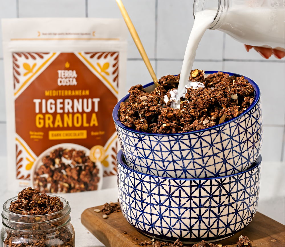 Mediterranean Grain-Free Tigernut Granola with Marcona Almond Butter and Dark Chocolate, and Marcona Almond Butter